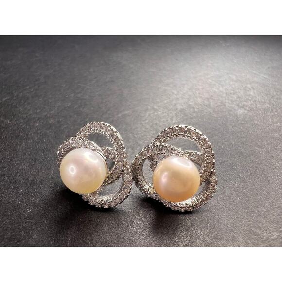 Cultured pearl swirl stud earrings in sterling silver with cz accents - Picture 1 of 14